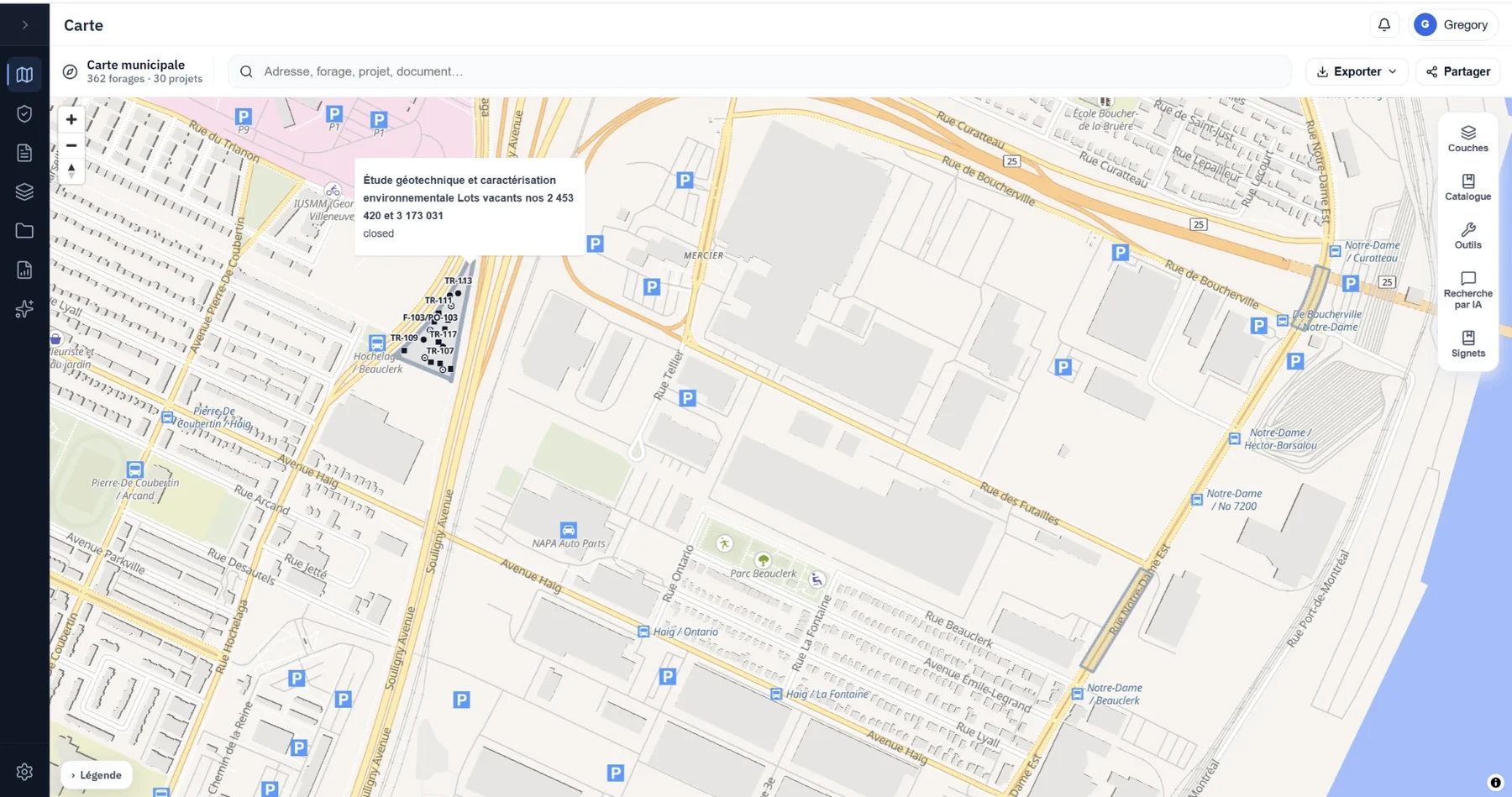 Carte GeoSift : le projet « Étude géotechnique et caractérisation environnementale, lots vacants 2 453 420 et 3 173 031 » dans Hochelaga, son emprise et ses forages TR-107 à TR-117.